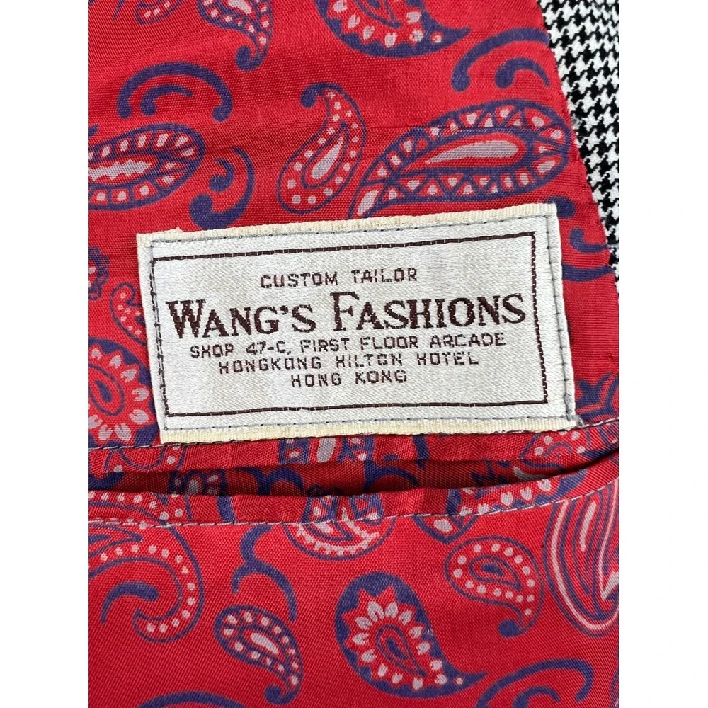Vintage Wang's Fashions Blazer Men 44 Black White Houndstooth Red Paisley Lining
